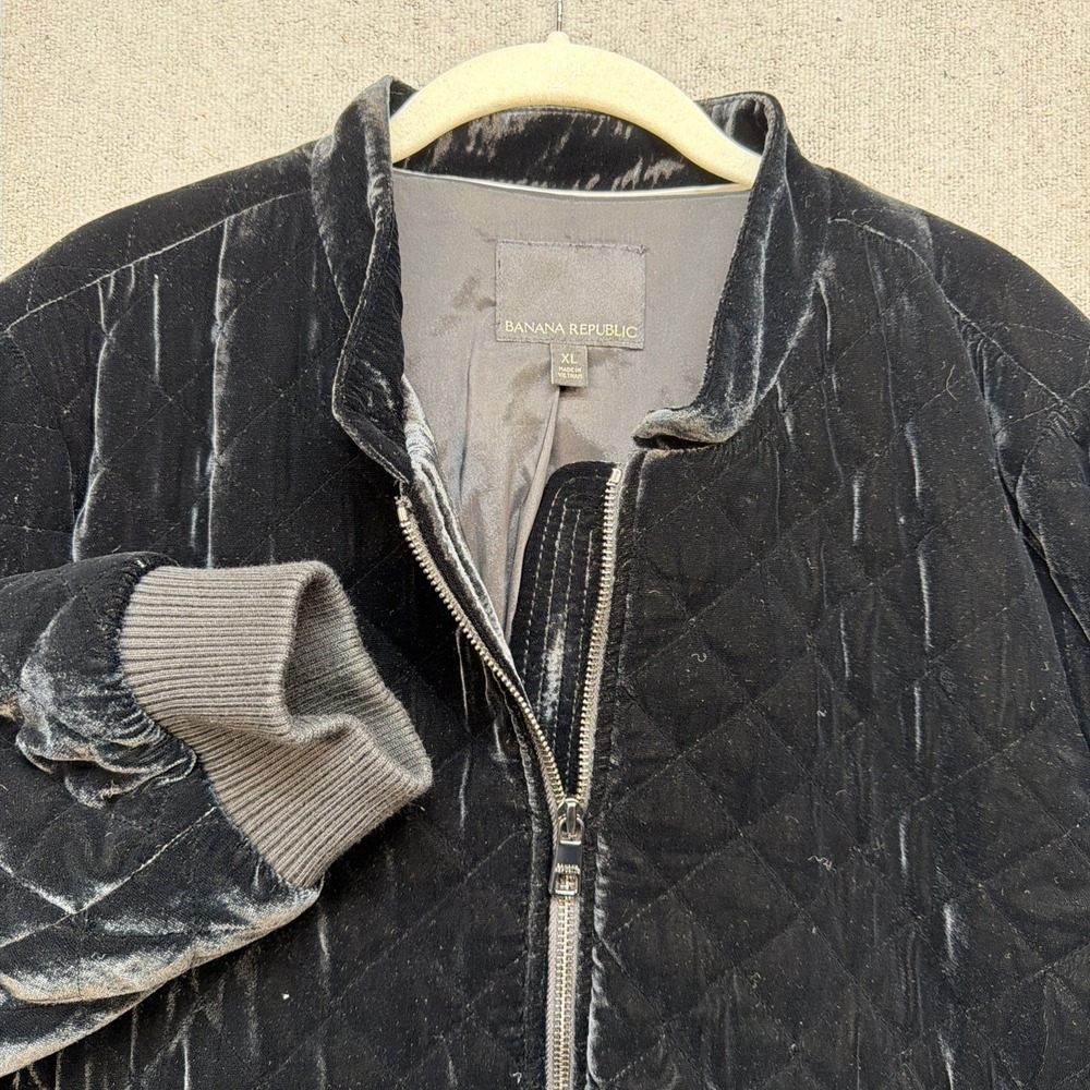 Banana Republic Velvet Quilted Bomber Jacket‎ Black Zip Women's XL